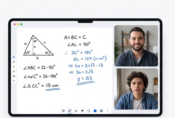 Canlı interaktif matematik ders ekranı – grafik tablette geometri çözümü ve birebir öğretmen-öğrenci görüntüsü